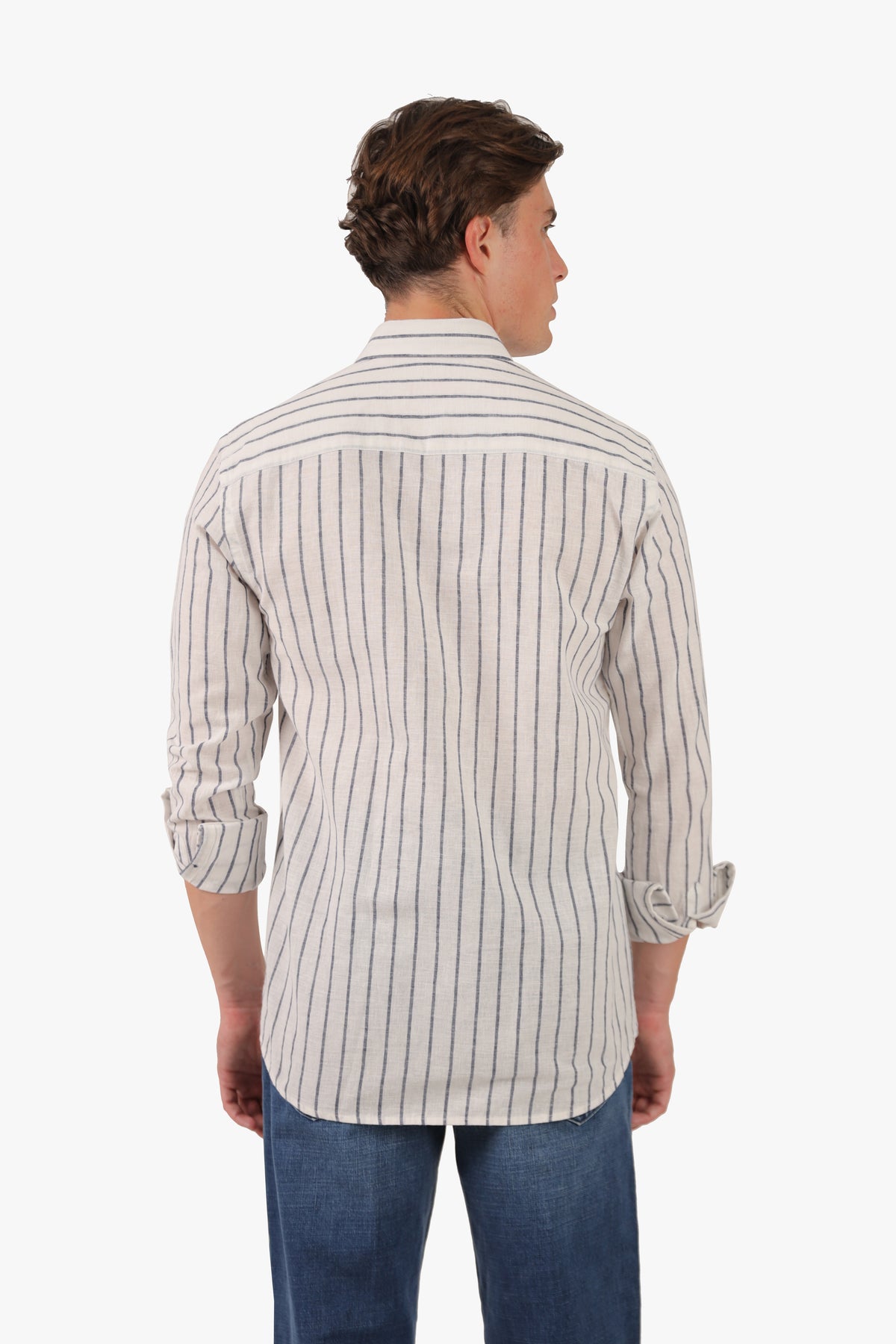 Navy Wide Stripe Long Sleeves Linen Shirt