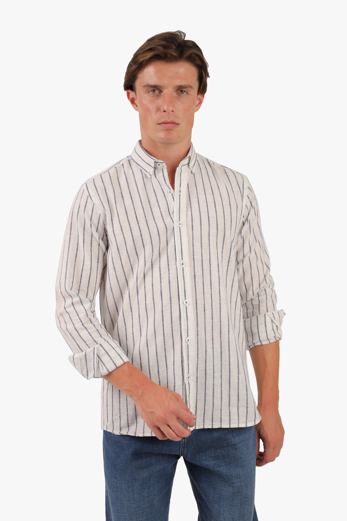 Navy Wide Stripe Long Sleeves Linen Shirt