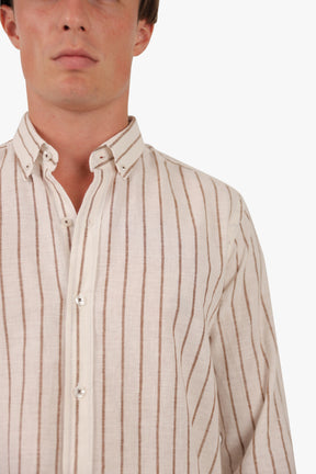 Beige Wide Stripe Long Sleeves Linen Shirt