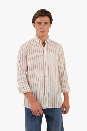 Beige Wide Stripe Long Sleeves Linen Shirt