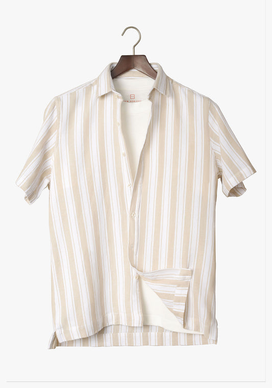 Beige Striped Short Sleeves Pique Shirt