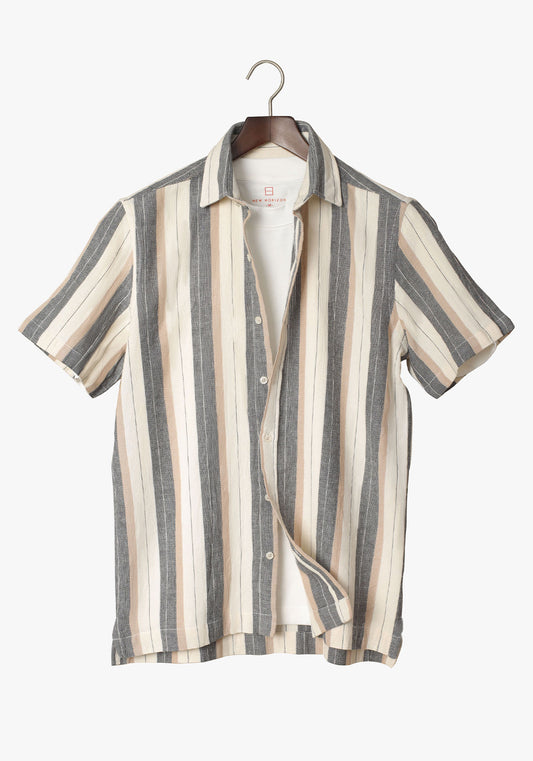 Beige Double Stripe Short Sleeves Pique Shirt